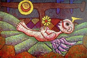 Hctor Njera, Angel en reposo, Pastas compuestas de acritn rugoso en fibracel, 80 x 120 Cms.